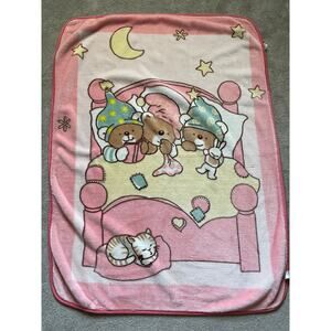 Vintage Primor pink 3 bears sleeping baby blanket - plush - 43" x 57.5"